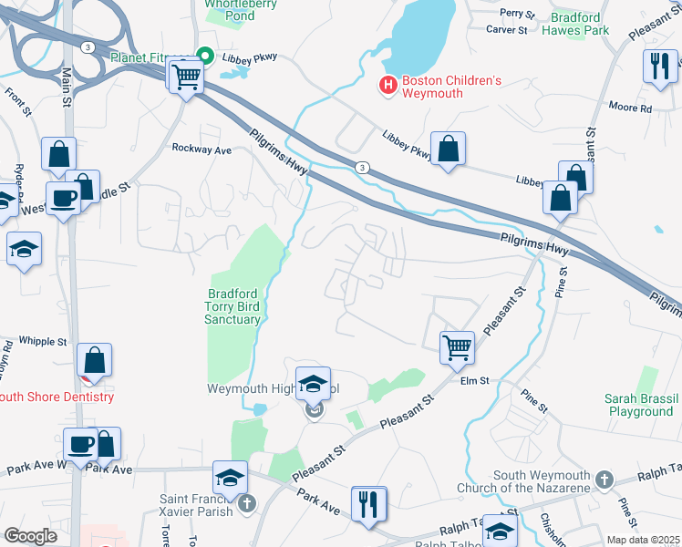 map of restaurants, bars, coffee shops, grocery stores, and more near 154 Burkhall Street in Weymouth