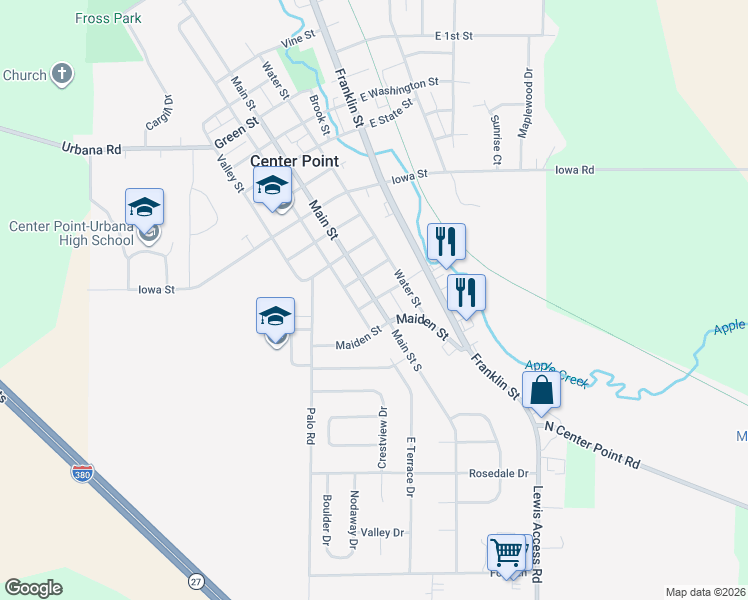 map of restaurants, bars, coffee shops, grocery stores, and more near 109 Main Street in Center Point