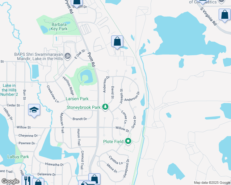 map of restaurants, bars, coffee shops, grocery stores, and more near 632 David Street in Lake in the Hills