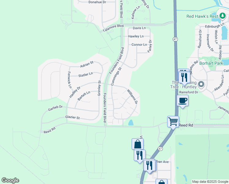 map of restaurants, bars, coffee shops, grocery stores, and more near 9844 Cummings Street in Huntley