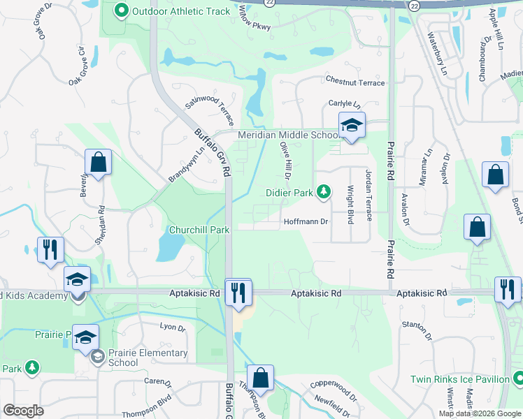 map of restaurants, bars, coffee shops, grocery stores, and more near 260 Hoffmann Drive in Buffalo Grove