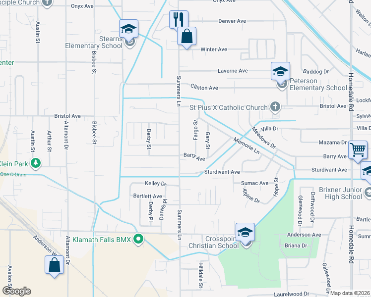 map of restaurants, bars, coffee shops, grocery stores, and more near 4405 Summers Lane in Klamath Falls