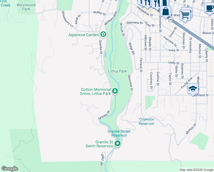 map of restaurants, bars, coffee shops, grocery stores, and more near 381 Granite Street in Ashland