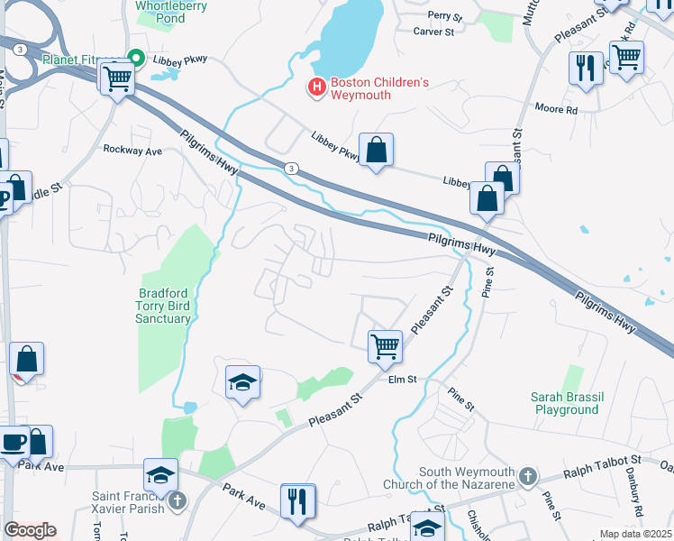 map of restaurants, bars, coffee shops, grocery stores, and more near 60 Circuit Road in Weymouth