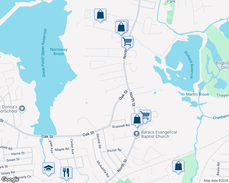 map of restaurants, bars, coffee shops, grocery stores, and more near 300 Oak Street in Randolph