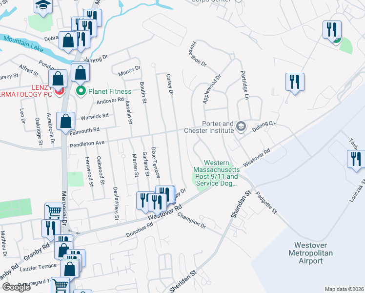 map of restaurants, bars, coffee shops, grocery stores, and more near 142 Casey Drive in Chicopee