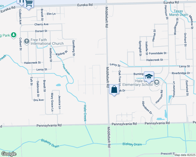 map of restaurants, bars, coffee shops, grocery stores, and more near 16312 Hollywood Street in Romulus