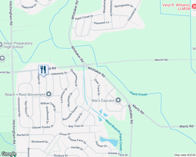 map of restaurants, bars, coffee shops, grocery stores, and more near 7162 Deer Track Drive in Ypsilanti