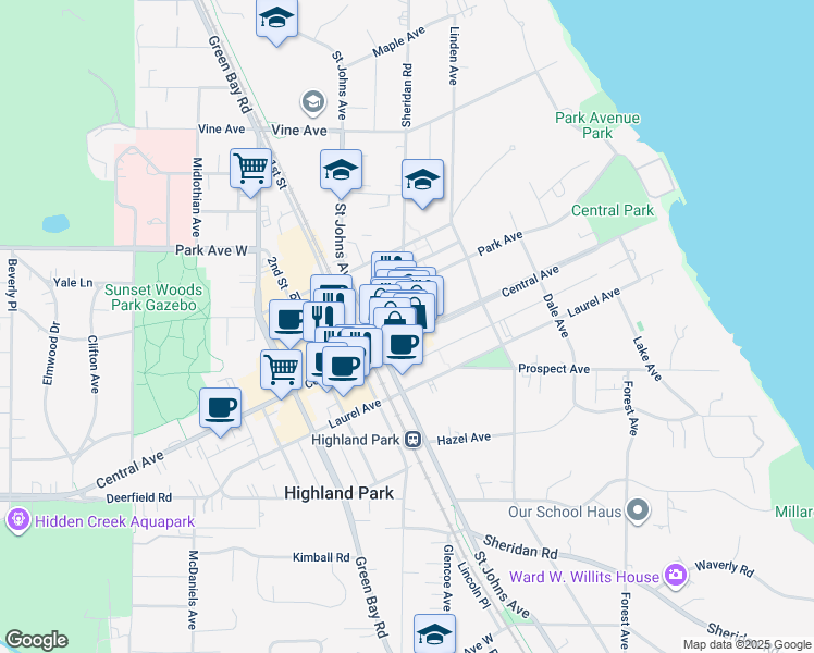 map of restaurants, bars, coffee shops, grocery stores, and more near 492 Central Avenue in Highland Park