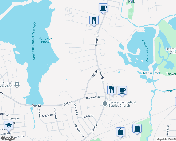 map of restaurants, bars, coffee shops, grocery stores, and more near 300 Oak Street in Randolph