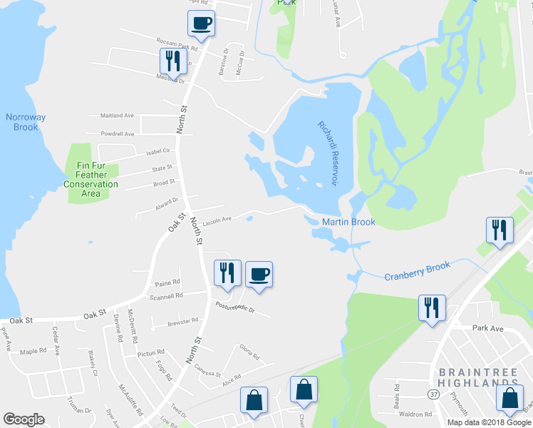 map of restaurants, bars, coffee shops, grocery stores, and more near 7 Lincoln Avenue in Randolph