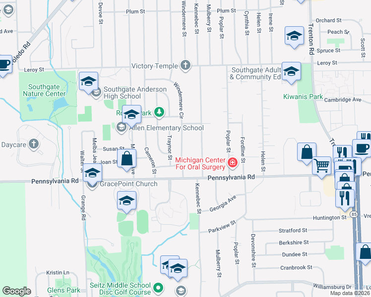 map of restaurants, bars, coffee shops, grocery stores, and more near 16728 Kennebec Street in Southgate
