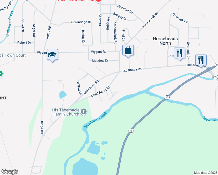 map of restaurants, bars, coffee shops, grocery stores, and more near 48 Level Acres Drive in Horseheads
