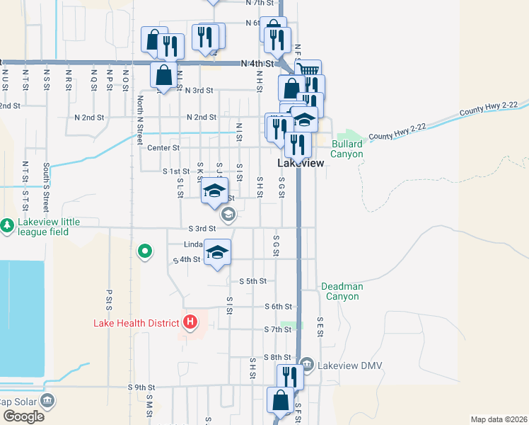 map of restaurants, bars, coffee shops, grocery stores, and more near 235 South H Street in Lakeview