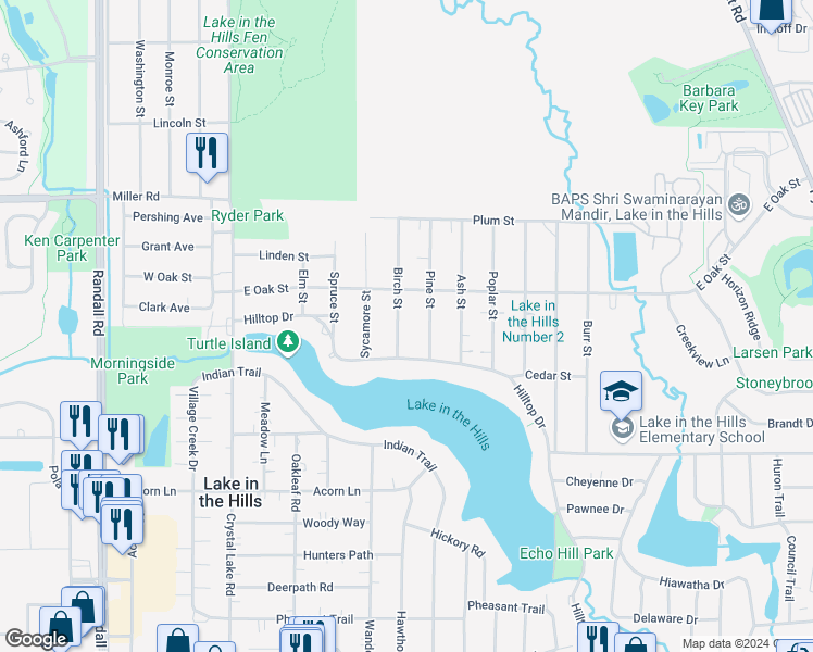 map of restaurants, bars, coffee shops, grocery stores, and more near 1110 Birch Street in Lake in the Hills