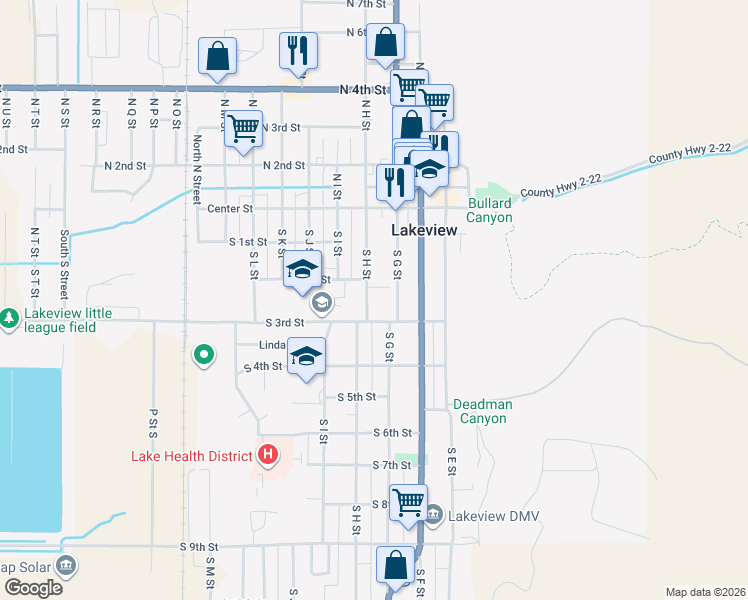 map of restaurants, bars, coffee shops, grocery stores, and more near 235 South H Street in Lakeview