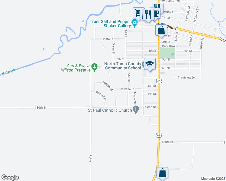 map of restaurants, bars, coffee shops, grocery stores, and more near Wilson in Traer
