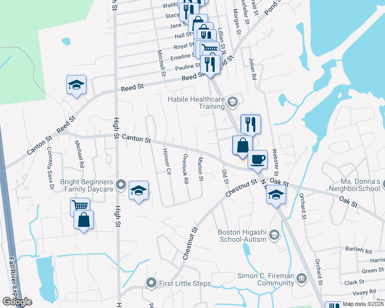 map of restaurants, bars, coffee shops, grocery stores, and more near 8 Overlook Road in Randolph