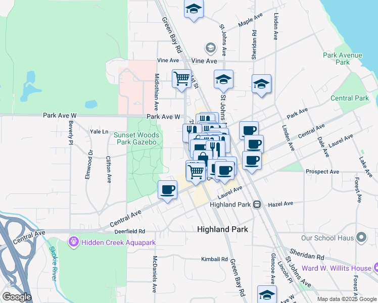 map of restaurants, bars, coffee shops, grocery stores, and more near 1849 Green Bay Road in Highland Park