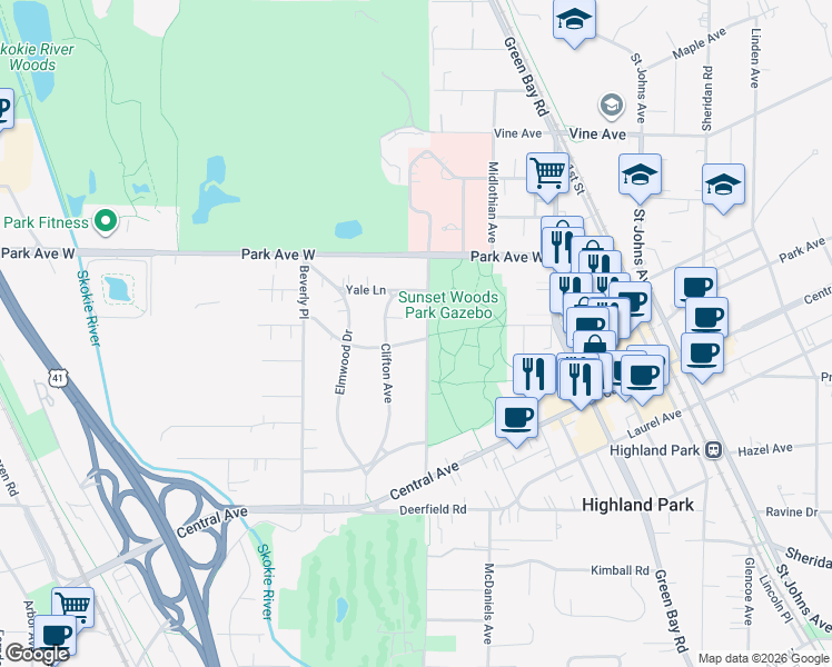 map of restaurants, bars, coffee shops, grocery stores, and more near 1852 Sunset Road in Highland Park