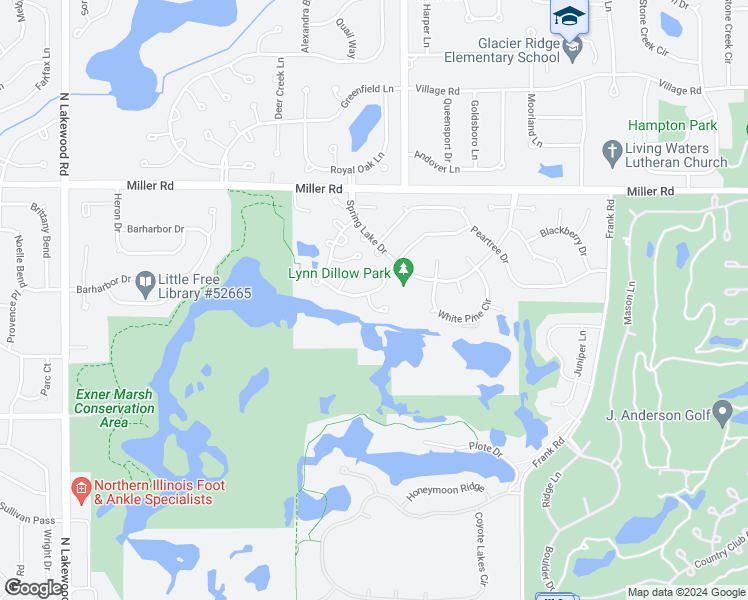 map of restaurants, bars, coffee shops, grocery stores, and more near 4 Larkspur Court in Lake in the Hills