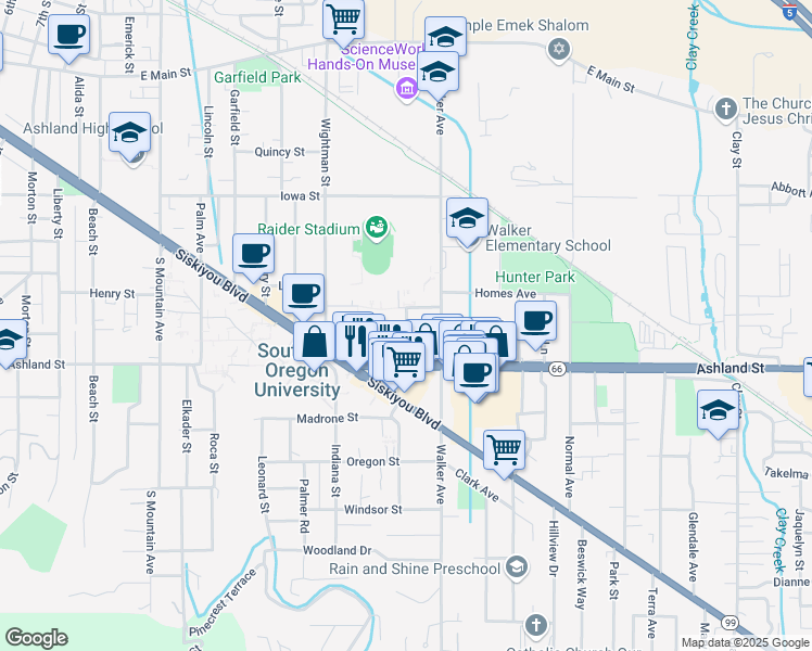 map of restaurants, bars, coffee shops, grocery stores, and more near 445 Stadium Street in Ashland