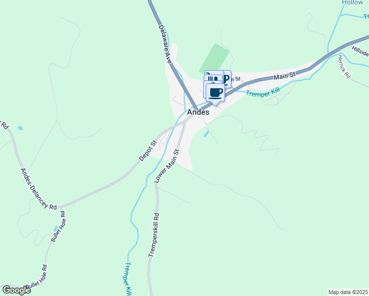 map of restaurants, bars, coffee shops, grocery stores, and more near 234 Lower Main Street in Andes