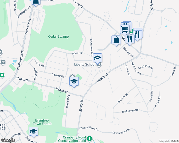 map of restaurants, bars, coffee shops, grocery stores, and more near 33 Amherst Road in Braintree