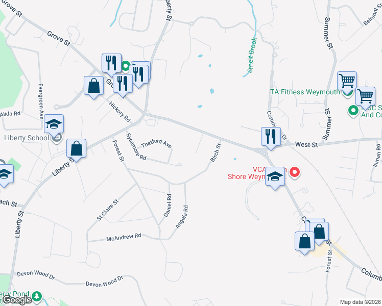map of restaurants, bars, coffee shops, grocery stores, and more near 41 Otoole Terrace in Braintree