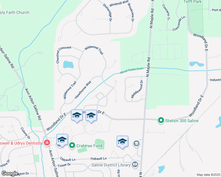 map of restaurants, bars, coffee shops, grocery stores, and more near 2974 Wildwood Court in Saline