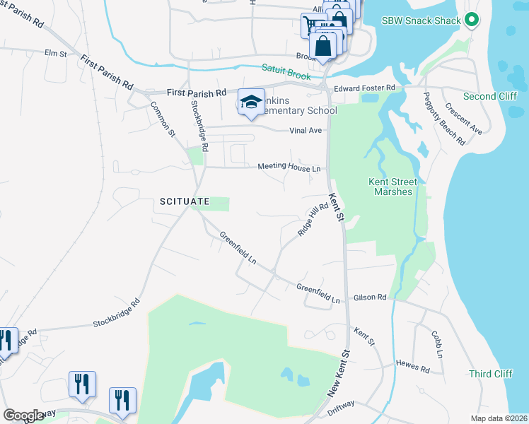 map of restaurants, bars, coffee shops, grocery stores, and more near 26 Ridge Hill Road in Scituate