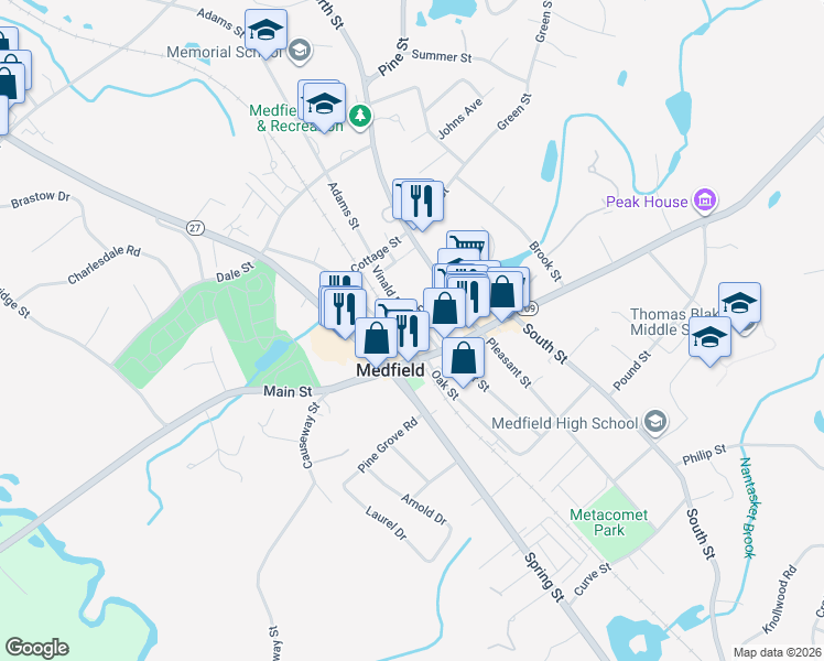 map of restaurants, bars, coffee shops, grocery stores, and more near in Medfield