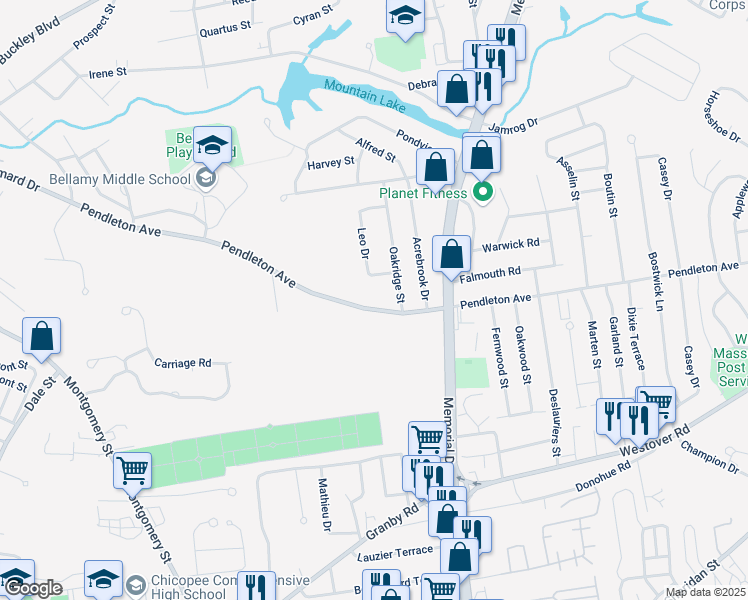 map of restaurants, bars, coffee shops, grocery stores, and more near 519 Pendleton Avenue in Chicopee