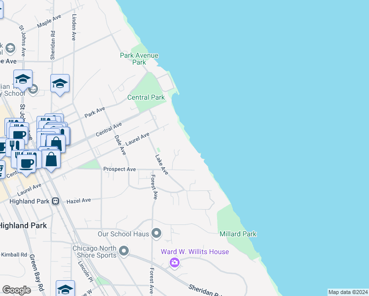 map of restaurants, bars, coffee shops, grocery stores, and more near 65 Prospect Avenue in Highland Park