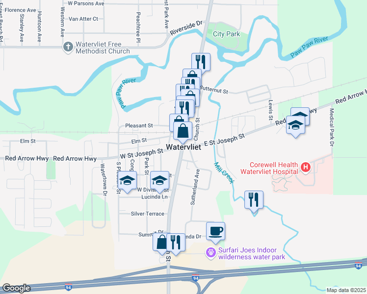 map of restaurants, bars, coffee shops, grocery stores, and more near in Watervliet