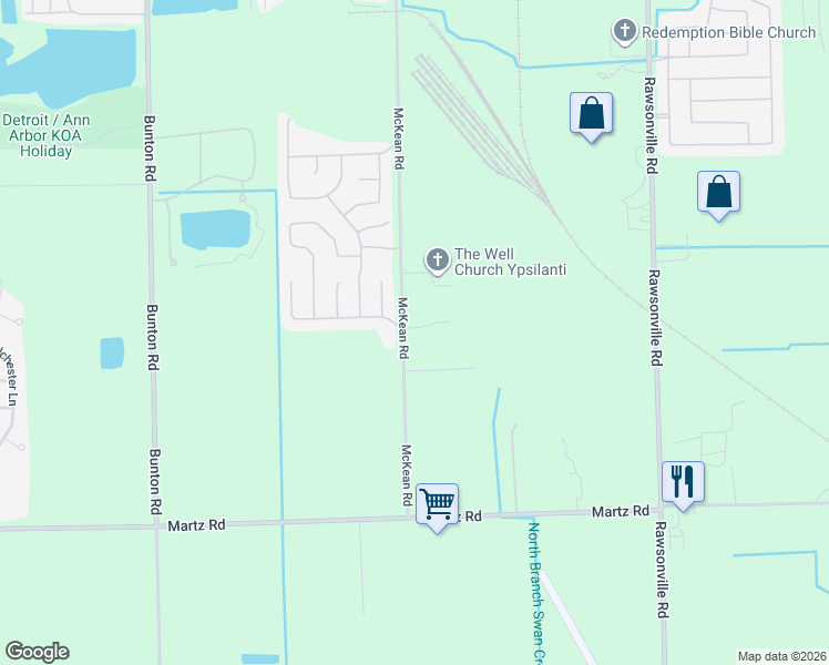 map of restaurants, bars, coffee shops, grocery stores, and more near 7153 McKean Road in Ypsilanti