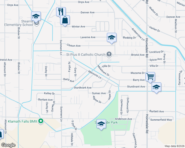 map of restaurants, bars, coffee shops, grocery stores, and more near 4202 Myrtlewood Drive in Klamath Falls