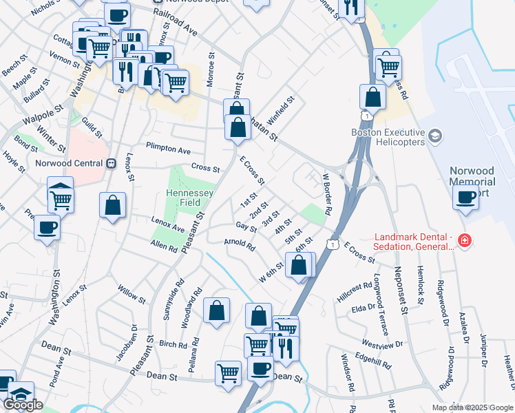 map of restaurants, bars, coffee shops, grocery stores, and more near 62 East Cross Street in Norwood