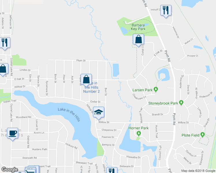 map of restaurants, bars, coffee shops, grocery stores, and more near 1120 Burr Street in Lake in the Hills