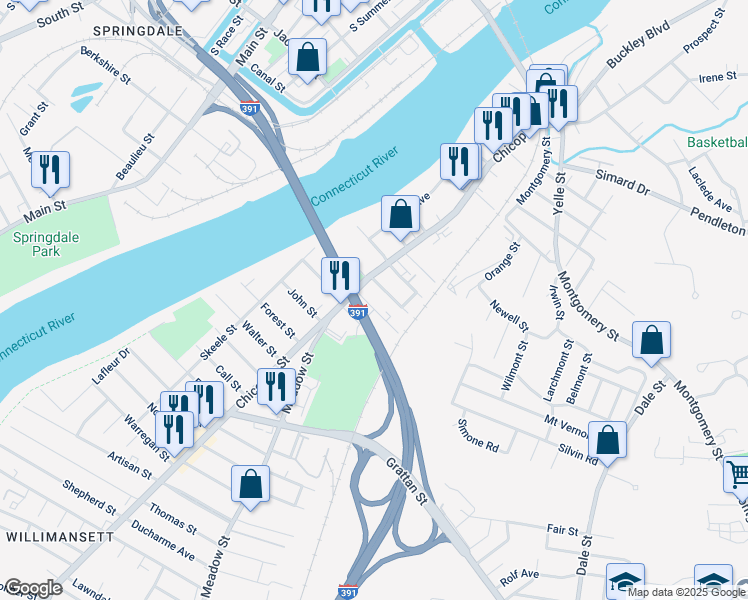 map of restaurants, bars, coffee shops, grocery stores, and more near 1-99 Saint Louis Avenue in Chicopee