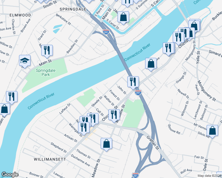 map of restaurants, bars, coffee shops, grocery stores, and more near 96 Forest Street in Chicopee