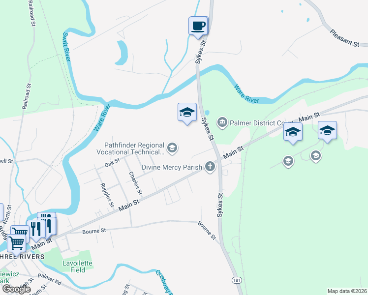 map of restaurants, bars, coffee shops, grocery stores, and more near 240 Sykes Street in Palmer