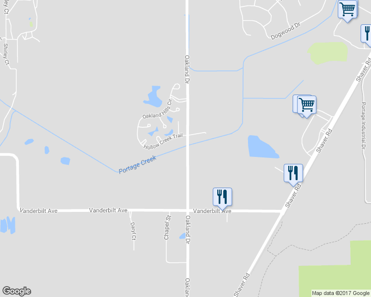 map of restaurants, bars, coffee shops, grocery stores, and more near 8916 Oakland Hills Circle in Portage