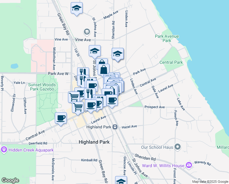map of restaurants, bars, coffee shops, grocery stores, and more near 1935 Sheridan Road in Highland Park