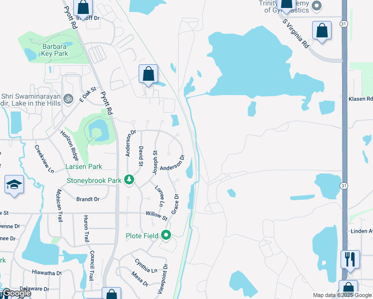 map of restaurants, bars, coffee shops, grocery stores, and more near 669 Anderson Drive in Lake in the Hills