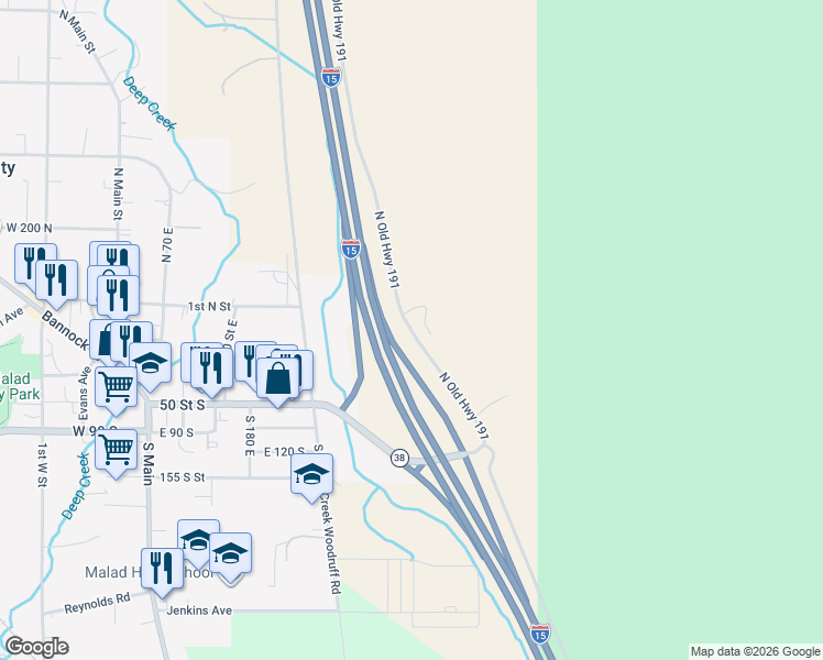 map of restaurants, bars, coffee shops, grocery stores, and more near 185 North Old Highway 191 in Malad City