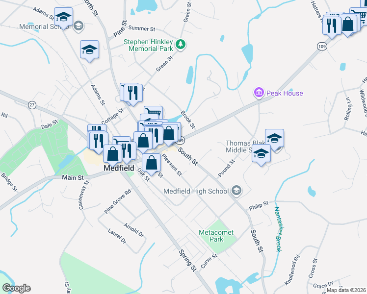 map of restaurants, bars, coffee shops, grocery stores, and more near in Medfield
