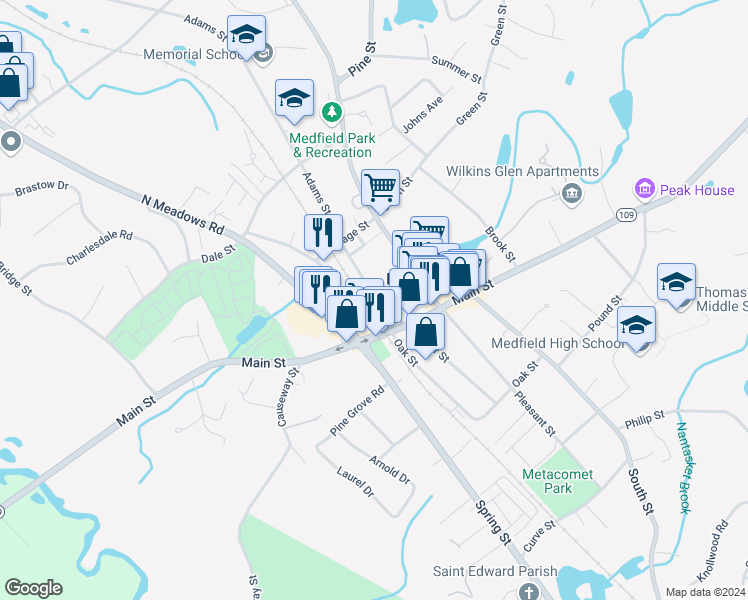 map of restaurants, bars, coffee shops, grocery stores, and more near 12 Vinald Road in Medfield