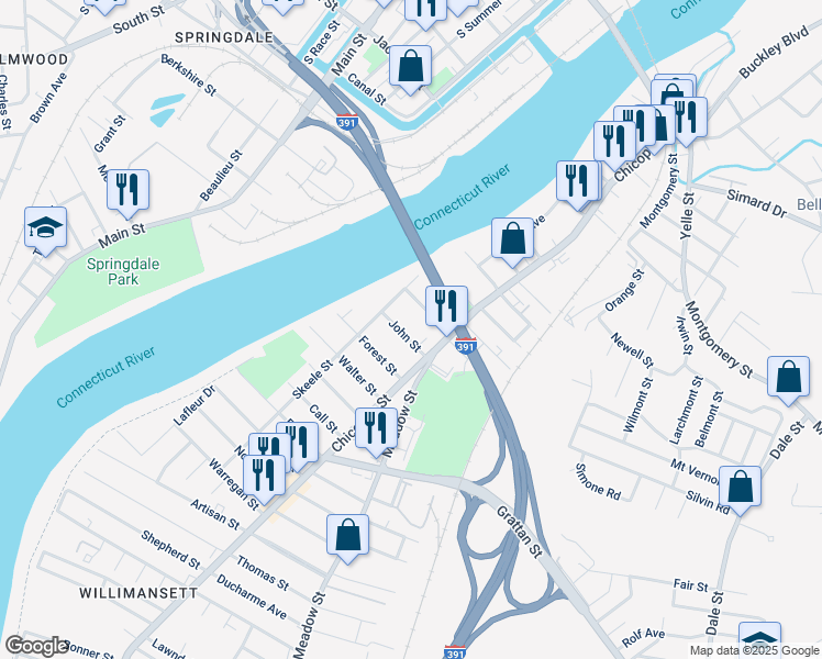 map of restaurants, bars, coffee shops, grocery stores, and more near 34 Whitman Street in Chicopee