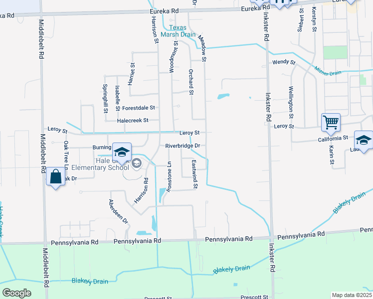 map of restaurants, bars, coffee shops, grocery stores, and more near 28058 Riverbridge Drive in Romulus